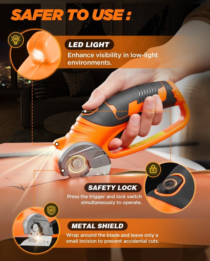 Saker Box Cutter Electric Cordless: Card board Cutter Scissors for Fabric Leather Paper Plastic - Cardboard Cutting Tool with 4V Recharged Battery - Safety Lock and LED Light for Cutting,Orange - Image 3